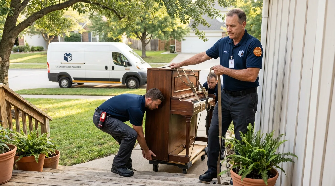 Licensed piano movers securing grand piano in Lake Forest, CA