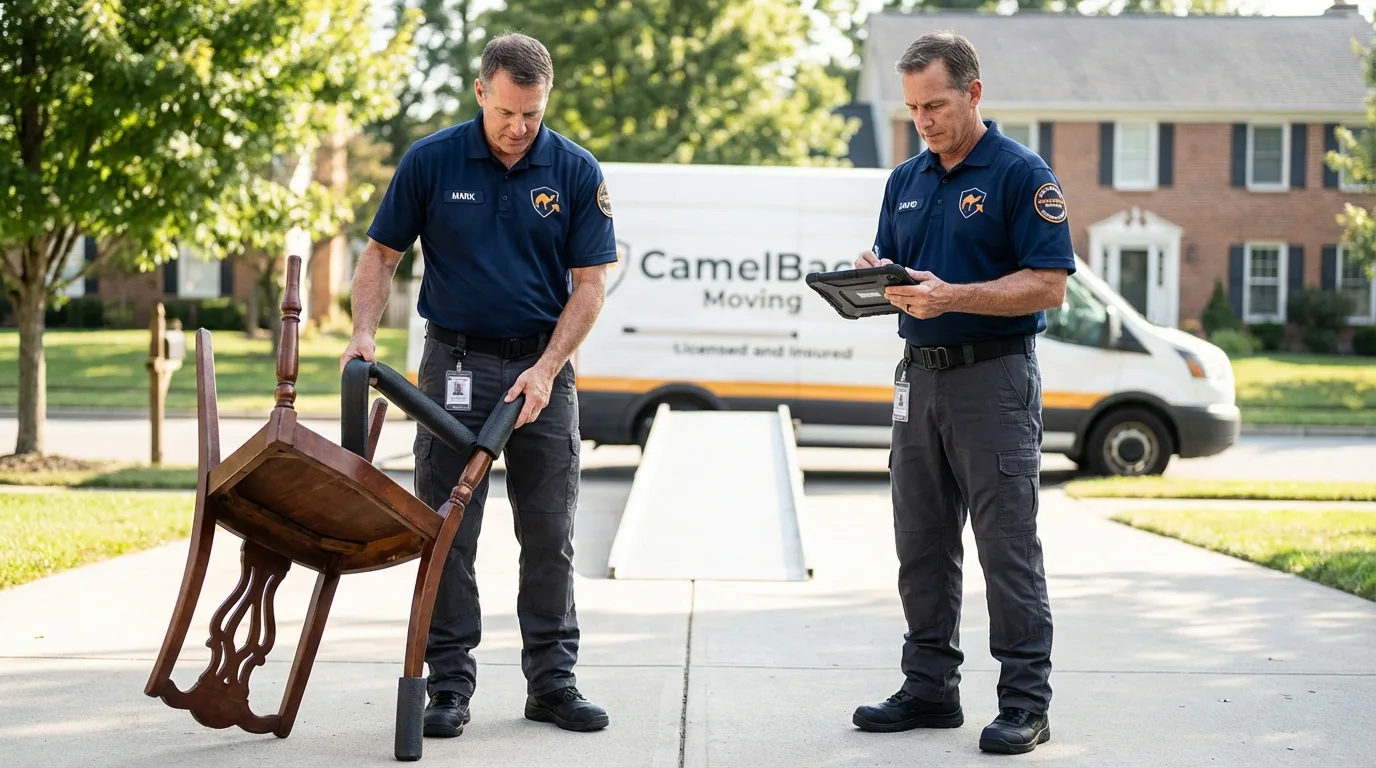 Movers inspecting furniture for damage prevention before loading in Lake Forest, CA