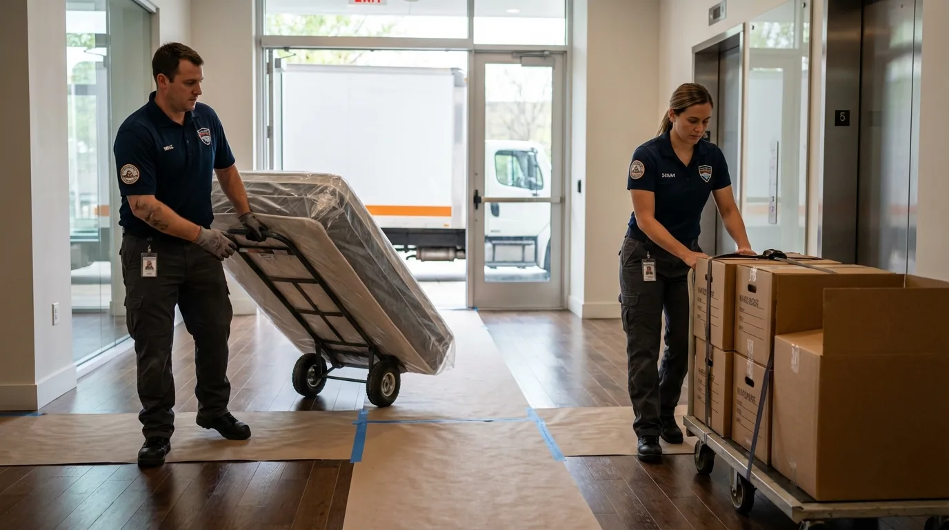 Professional apartment movers loading elevator in Lake Forest, CA